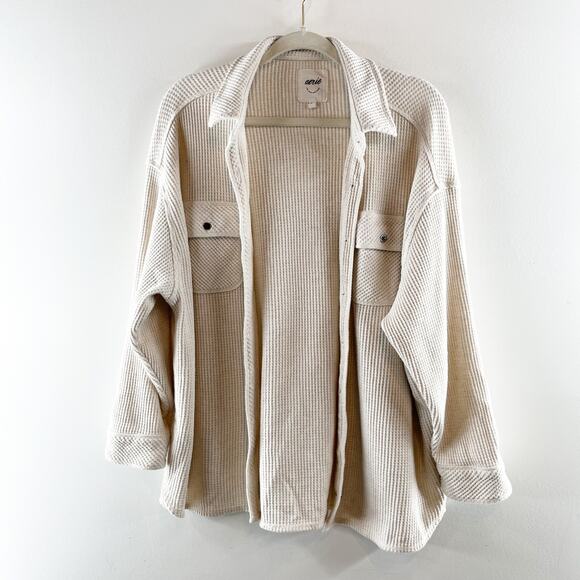 Aerie Lumberjane Waffle Snap Button Top Shacket Cream Medium - Picture 2 of 8